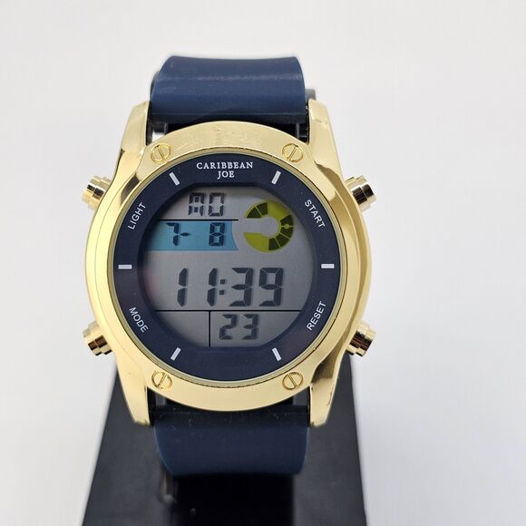 43MM Caribbean Joe Men's Digital Watch Alarm Chrono Gold Case Blue Plastic Bands - Picture 2 of 15